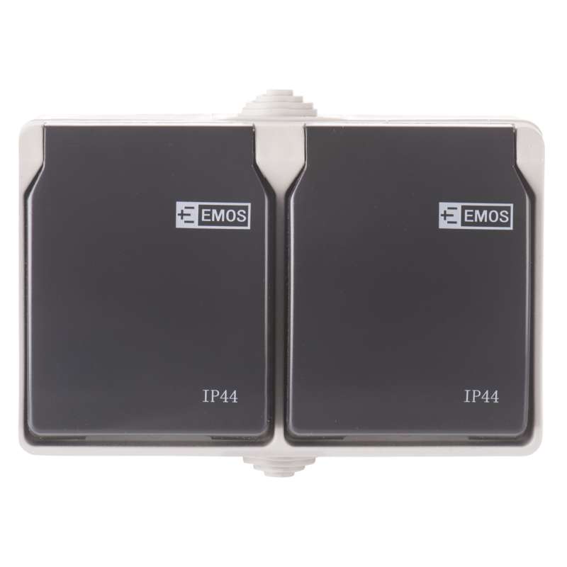 Zásuvka nástenná dvojitá, šedo-čierna, IP44
