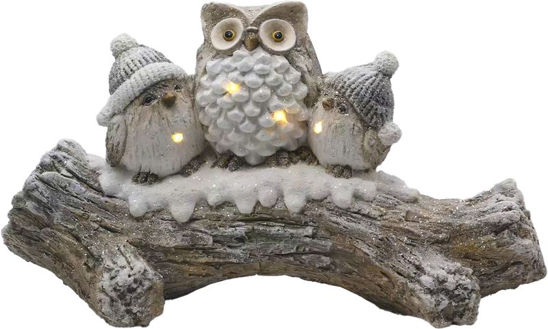 Dekorácia MagicHome Vianoce, sovy na zasneženom kmeni, LED, 20.5x49.5x27.5 cm
