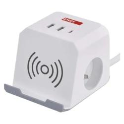 Predl�ovac� k�bel - kocka 2 m / 2 z�suvky / biely / 2�USB-A + 1�USB-C+Qi / 1,5 mm2