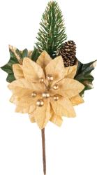 Vetvika MagicHome Vianoce, s kvetom poinsettia, zlat, 18 cm
