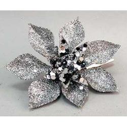 Kvet Poinsettia Gliterclip.Silver, strieborn, 10 cm